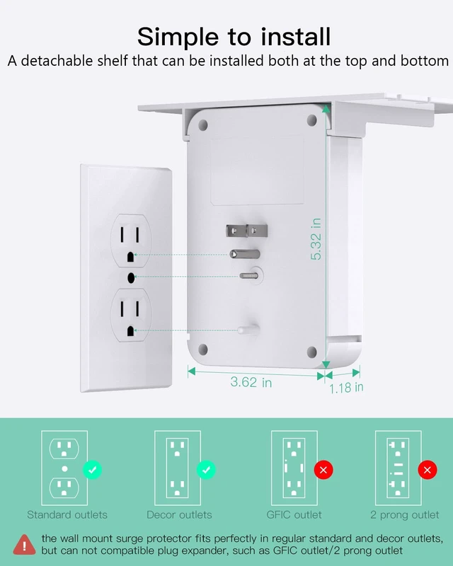 Alt view image 6 of 7 - Wall Outlet Extender with Shelf, Surge Protector 6 AC Multi Plug Outlet PD 30W USB Charger Station Splitter Expander for Home Room
