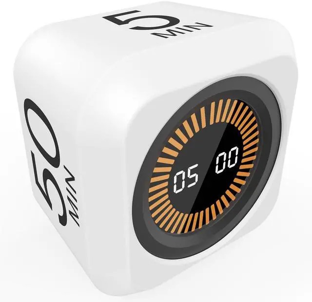 Main image of Rotating Cube Visual Pomodoro Timer 5, 25, 10 50 Minutes Preset + Custom Countdown, Rechargeable Desk Productivity Flip Timer with Detachable Silicone Cover for ADHD Study Work Kitchen School (White)