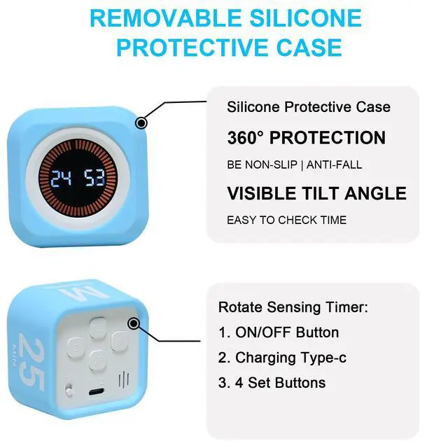 Alt view image 4 of 7 - Rotating Cube Visual Pomodoro Timer 5, 25, 10 50 Minutes Preset + Custom Countdown, Rechargeable Desk Productivity Flip Timer with Detachable Silicone Cover for ADHD Study Work Kitchen School (White)