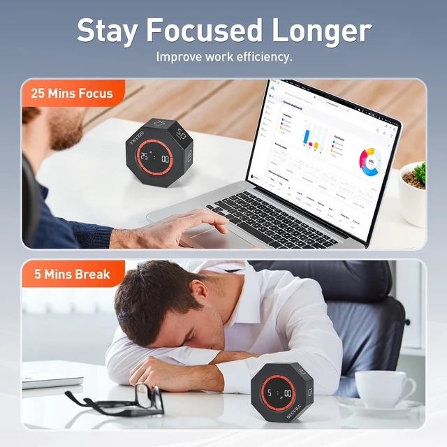Alt view image 2 of 7 - Pomodoro Timer with 5/10/15/20/25/50/90 Min Presets, 3 Level Volume | Gravity Sensor, Visual Progress Bar, Count Up, Rechargeable, Portable for Kids Classroom Desk, ADHD Focus (Dark Gray)