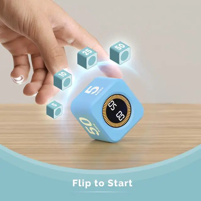 Alt view image 2 of 7 - Pomodoro Timer Visual Cube with 5/10/30/60 Min Presets, LED Countdown Ring & Count Up Mode, Silent Flip Productivity Timer for Study, Classroom, Office, Cooking (Blue 5-10-25-50 min)
