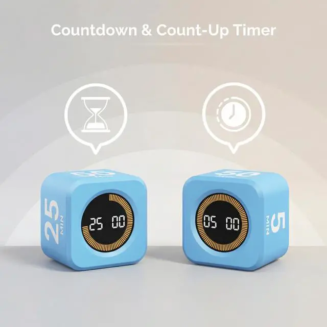 Alt view image 4 of 7 - Pomodoro Timer Visual Cube with 5/10/30/60 Min Presets, LED Countdown Ring & Count Up Mode, Silent Flip Productivity Timer for Study, Classroom, Office, Cooking (Blue 5-10-25-50 min)