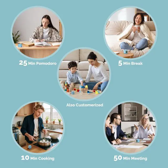 Alt view image 7 of 7 - Pomodoro Timer Visual Cube with 5/10/30/60 Min Presets, LED Countdown Ring & Count Up Mode, Silent Flip Productivity Timer for Study, Classroom, Office, Cooking (Blue 5-10-25-50 min)
