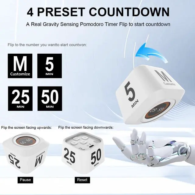 Alt view image 2 of 7 - Rotating Visual Pomodoro Timer 5, 25, 10, 50 Min Custom Countdown, Rechargeable Cube Desk Productivity Flip Timer with Detachable Silicone Case, Ideal for ADHD Tool Study Work School (Green)
