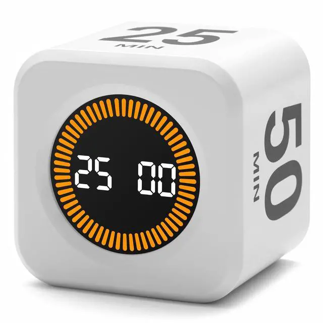 Main image of Rotating Productivity Timer 5, 25, 10, 50 Minutes Preset, Desk Cube w/Gravity Sensor for ADHD, Mute Functions, Ideal for Work, Study, Kitchen, Back to School (1, White)