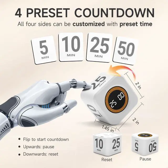 Alt view image 2 of 7 - Rotating Productivity Timer 5, 25, 10, 50 Minutes Preset, Desk Cube w/Gravity Sensor for ADHD, Mute Functions, Ideal for Work, Study, Kitchen, Back to School (1, White)