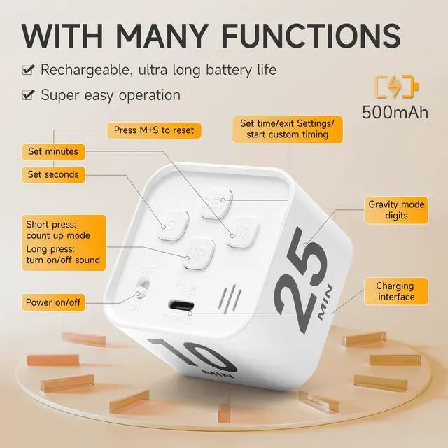 Alt view image 4 of 7 - Rotating Productivity Timer 5, 25, 10, 50 Minutes Preset, Desk Cube w/Gravity Sensor for ADHD, Mute Functions, Ideal for Work, Study, Kitchen, Back to School (1, White)