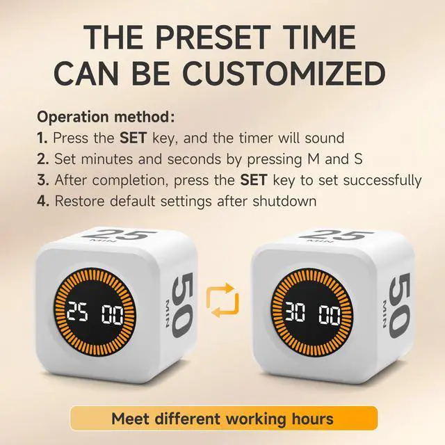 Alt view image 5 of 7 - Rotating Productivity Timer 5, 25, 10, 50 Minutes Preset, Desk Cube w/Gravity Sensor for ADHD, Mute Functions, Ideal for Work, Study, Kitchen, Back to School (1, White)