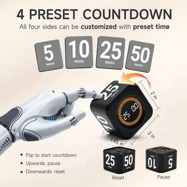 Alt view image 2 of 7 - Rotating Productivity Timer 5, 25, 10, 50 Minutes Preset, Desk Cube w/Gravity Sensor for ADHD, Mute Functions, Ideal for Work, Study, Kitchen, Back to School (1, Black)