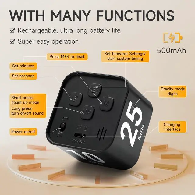 Alt view image 4 of 7 - Rotating Productivity Timer 5, 25, 10, 50 Minutes Preset, Desk Cube w/Gravity Sensor for ADHD, Mute Functions, Ideal for Work, Study, Kitchen, Back to School (1, Black)