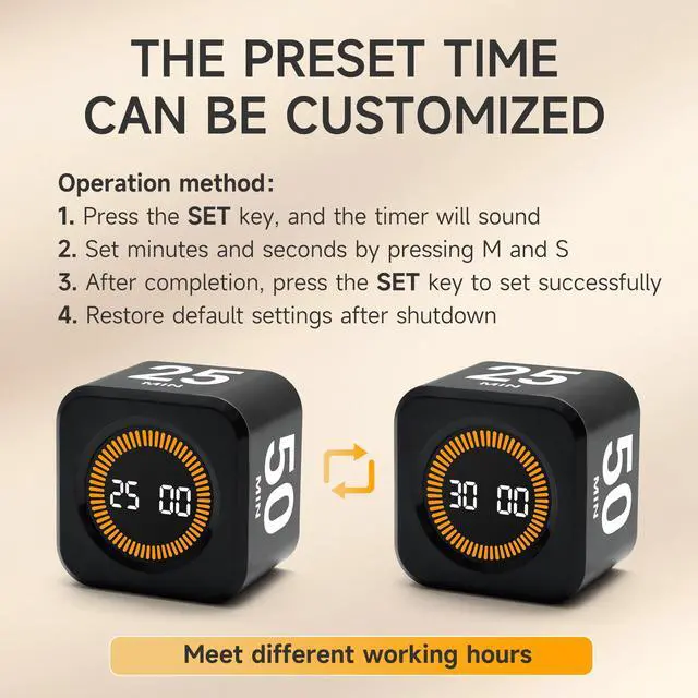 Alt view image 5 of 7 - Rotating Productivity Timer 5, 25, 10, 50 Minutes Preset, Desk Cube w/Gravity Sensor for ADHD, Mute Functions, Ideal for Work, Study, Kitchen, Back to School (1, Black)