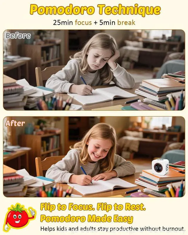 Alt view image 2 of 6 - Digital Pomodoro Timer Cube 5/10/25/50min, Visual Productivity Flip Timer for Kids Classroom Desk, Custom Countdown, Silent and Sound Mode for ADHD Study Work Game Kitchen (White)