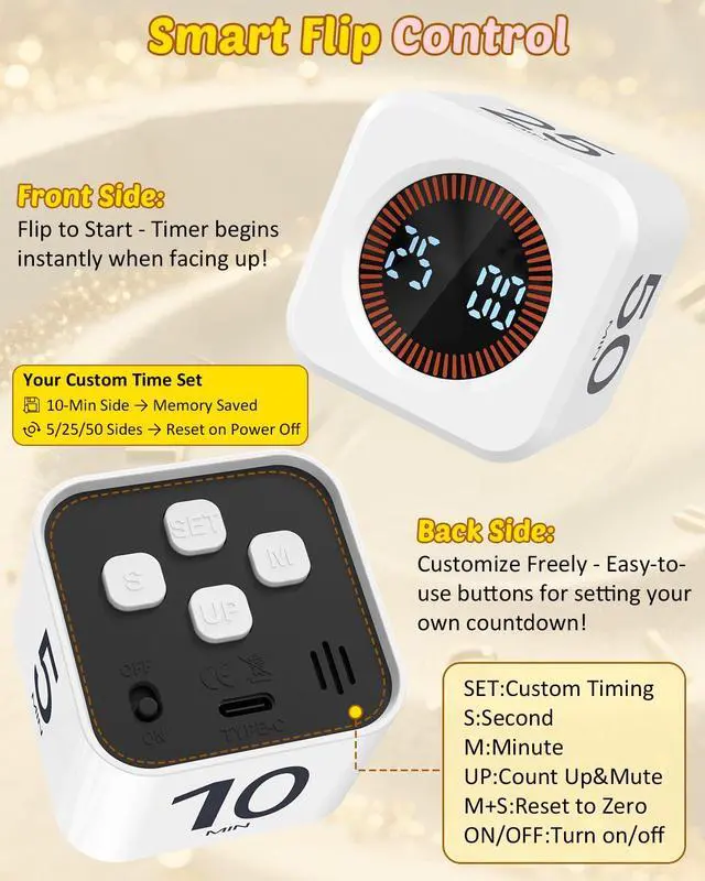 Alt view image 3 of 6 - Digital Pomodoro Timer Cube 5/10/25/50min, Visual Productivity Flip Timer for Kids Classroom Desk, Custom Countdown, Silent and Sound Mode for ADHD Study Work Game Kitchen (White)