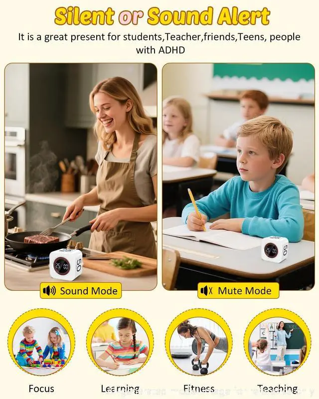 Alt view image 4 of 6 - Digital Pomodoro Timer Cube 5/10/25/50min, Visual Productivity Flip Timer for Kids Classroom Desk, Custom Countdown, Silent and Sound Mode for ADHD Study Work Game Kitchen (White)