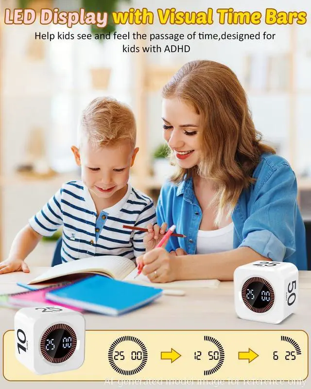 Alt view image 6 of 6 - Digital Pomodoro Timer Cube 5/10/25/50min, Visual Productivity Flip Timer for Kids Classroom Desk, Custom Countdown, Silent and Sound Mode for ADHD Study Work Game Kitchen (White)
