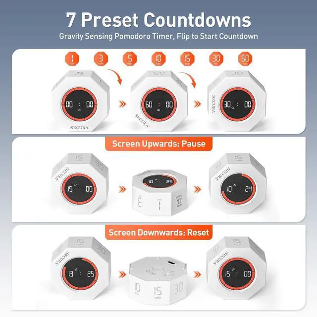 Alt view image 2 of 7 - Pomodoro Timer for ADHD & Productivity, Flip Cube Timer with 7 Presets (1/3/5/10/15/30/60 Min), Visual Countdown Progress Bar for Work, Study, Kids & Desk (White)