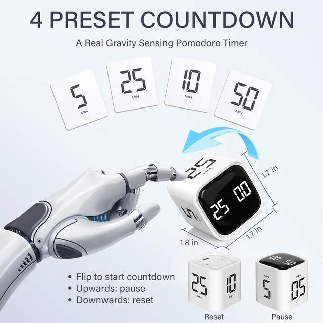 Alt view image 2 of 7 - Rotating Pomodoro Timer 5, 25, 10 50 Minutes Preset, Desk Productivity Flip Timer, ADHD Tool Cube Countdown Stopwatch, Vibration/High/Low Volume/Custom Modes, for Work, Study, Back to School, White