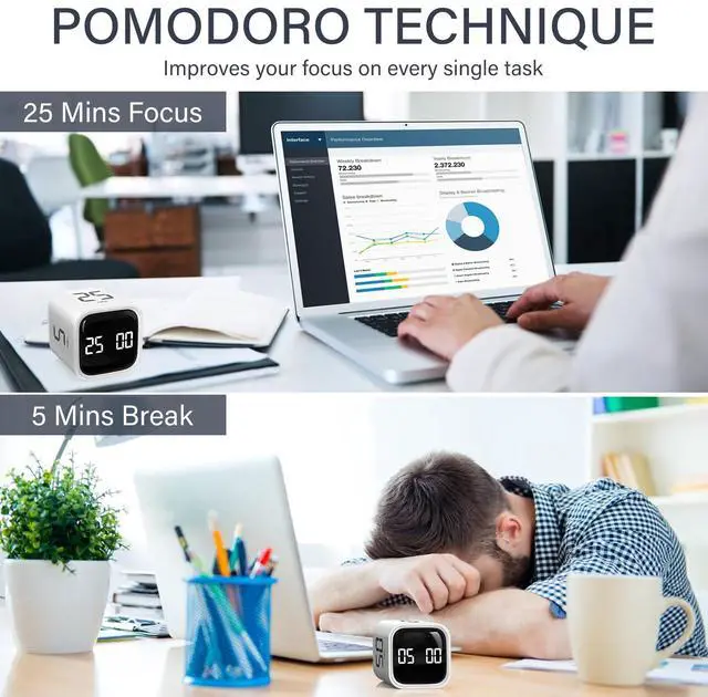 Alt view image 3 of 7 - Rotating Pomodoro Timer 5, 25, 10 50 Minutes Preset, Desk Productivity Flip Timer, ADHD Tool Cube Countdown Stopwatch, Vibration/High/Low Volume/Custom Modes, for Work, Study, Back to School, White