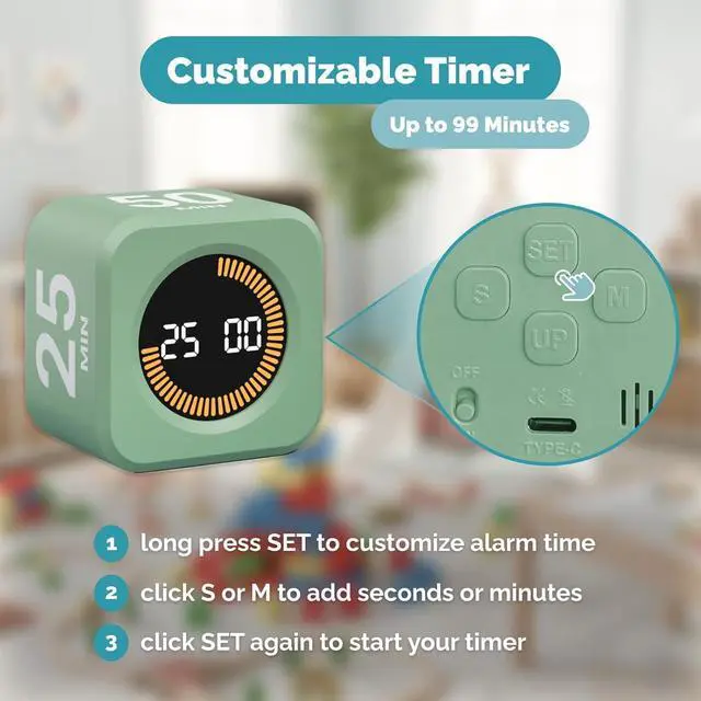 Alt view image 6 of 7 - Pomodoro Cube Timer Productivity Visual Timer - 5/10/25/50 Min Rotating Countdown (1, Green)