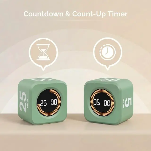 Alt view image 7 of 7 - Pomodoro Cube Timer Productivity Visual Timer - 5/10/25/50 Min Rotating Countdown (1, Green)