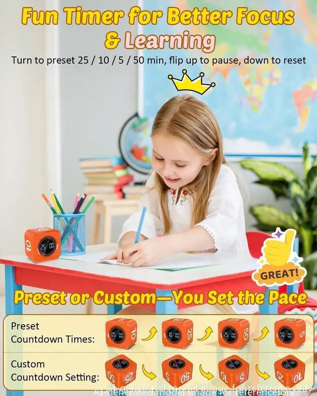 Alt view image 2 of 7 - Digital Pomodoro Timer Cube 5/10/25/50min, Visual Productivity Flip Timer for Kids Classroom Desk, Custom Countdown, Silent and Sound Mode for ADHD Study Work Game Kitchen (Orange)