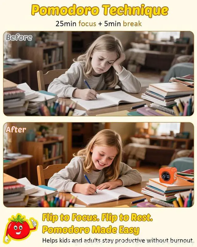 Alt view image 3 of 7 - Digital Pomodoro Timer Cube 5/10/25/50min, Visual Productivity Flip Timer for Kids Classroom Desk, Custom Countdown, Silent and Sound Mode for ADHD Study Work Game Kitchen (Orange)