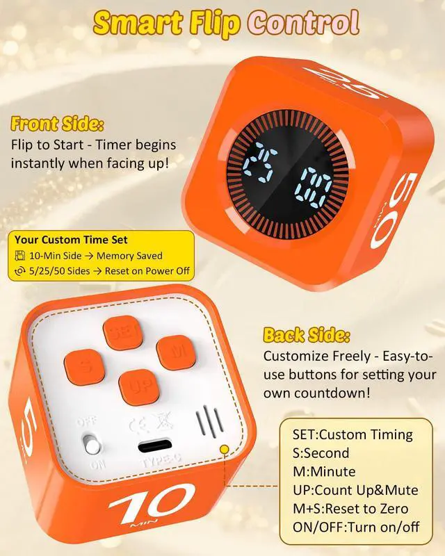 Alt view image 4 of 7 - Digital Pomodoro Timer Cube 5/10/25/50min, Visual Productivity Flip Timer for Kids Classroom Desk, Custom Countdown, Silent and Sound Mode for ADHD Study Work Game Kitchen (Orange)