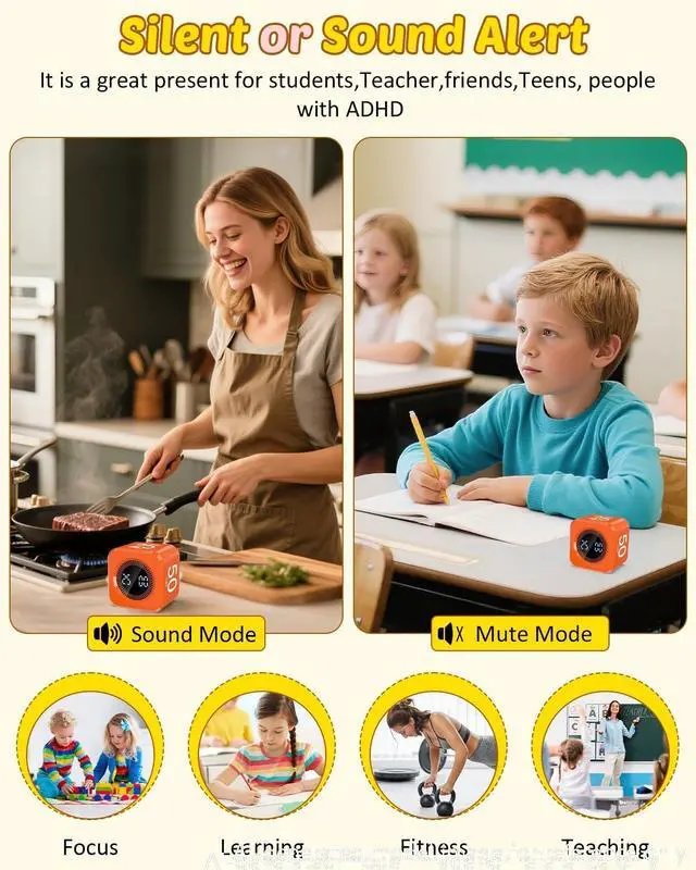 Alt view image 5 of 7 - Digital Pomodoro Timer Cube 5/10/25/50min, Visual Productivity Flip Timer for Kids Classroom Desk, Custom Countdown, Silent and Sound Mode for ADHD Study Work Game Kitchen (Orange)