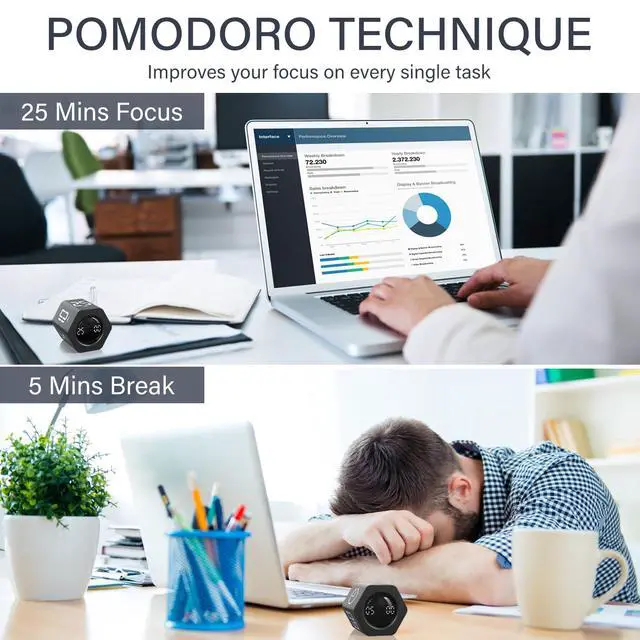 Alt view image 3 of 7 - Rotating Pomodoro Timer 5, 25, 10 30,60 Mins Preset Stopwatch, Desk Flip ProductivityTimer, ADHD Tool Hexagon, Vibration/Mute/Alarm, for Work, Study, Back to School, Kitchen, Black