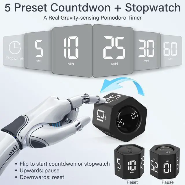 Alt view image 2 of 7 - Rotating Pomodoro Timer 5, 25, 10 30,60 Mins Preset Stopwatch, Desk Flip ProductivityTimer, ADHD Tool Hexagon, Vibration/Mute/Alarm, for Work, Study, Back to School, Kitchen, Black