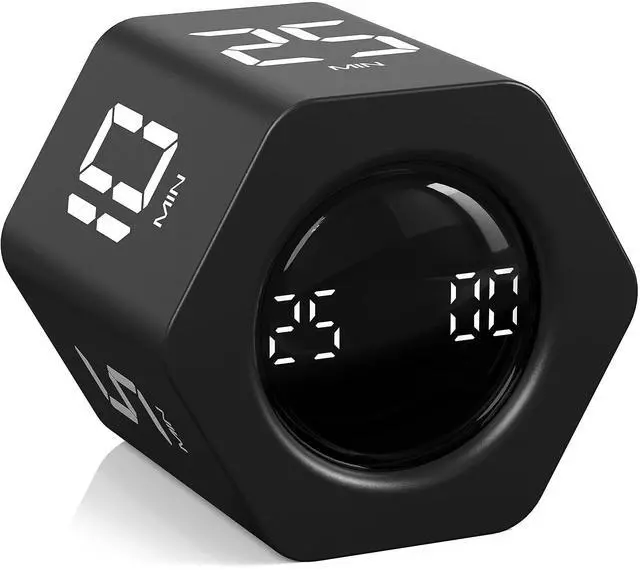Main image of Rotating Pomodoro Timer 5, 25, 10 30,60 Mins Preset Stopwatch, Desk Flip ProductivityTimer, ADHD Tool Hexagon, Vibration/Mute/Alarm, for Work, Study, Back to School, Kitchen, Black