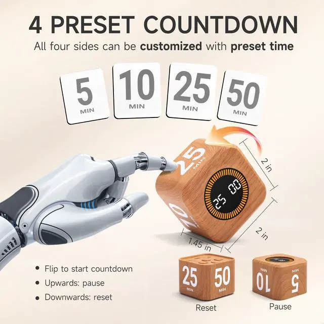 Alt view image 2 of 7 - Rotating Productivity Timer 5, 25, 10, 50 Minutes Preset, Desk Cube w/Gravity Sensor for ADHD, Mute Functions, Ideal for Work, Study, Kitchen, Back to School (1, Wood Grain Finish)
