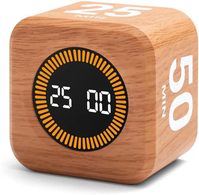 Main image of Rotating Productivity Timer 5, 25, 10, 50 Minutes Preset, Desk Cube w/Gravity Sensor for ADHD, Mute Functions, Ideal for Work, Study, Kitchen, Back to School (1, Wood Grain Finish)