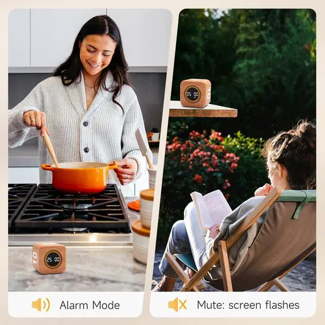 Alt view image 3 of 7 - Rotating Productivity Timer 5, 25, 10, 50 Minutes Preset, Desk Cube w/Gravity Sensor for ADHD, Mute Functions, Ideal for Work, Study, Kitchen, Back to School (1, Wood Grain Finish)