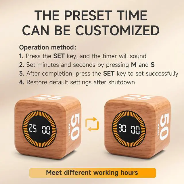 Alt view image 6 of 7 - Rotating Productivity Timer 5, 25, 10, 50 Minutes Preset, Desk Cube w/Gravity Sensor for ADHD, Mute Functions, Ideal for Work, Study, Kitchen, Back to School (1, Wood Grain Finish)