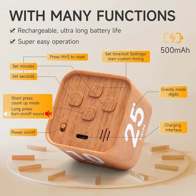 Alt view image 4 of 7 - Rotating Productivity Timer 5, 25, 10, 50 Minutes Preset, Desk Cube w/Gravity Sensor for ADHD, Mute Functions, Ideal for Work, Study, Kitchen, Back to School (1, Wood Grain Finish)