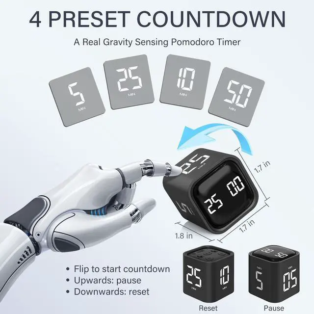 Alt view image 2 of 7 - Rotating Pomodoro Timer 5, 25, 10 50 Minutes Preset, Desk Productivity Flip Timer, ADHD Tool Cube Countdown Stopwatch, Vibration/High/Low Volume/Custom Modes, for Work, Study, Back to School, Kitchen