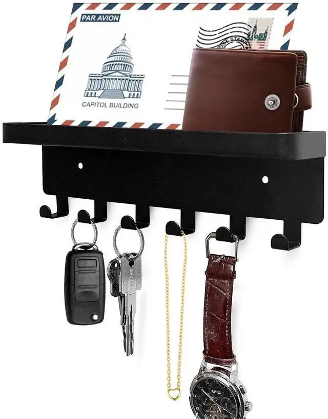 Main image of Key Holder for Wall Key Hooks with Tray and 6 Hooks, Wall Mounted Key Holder for Hallway, Key Rack with Shelf for Mail Storage (Black)