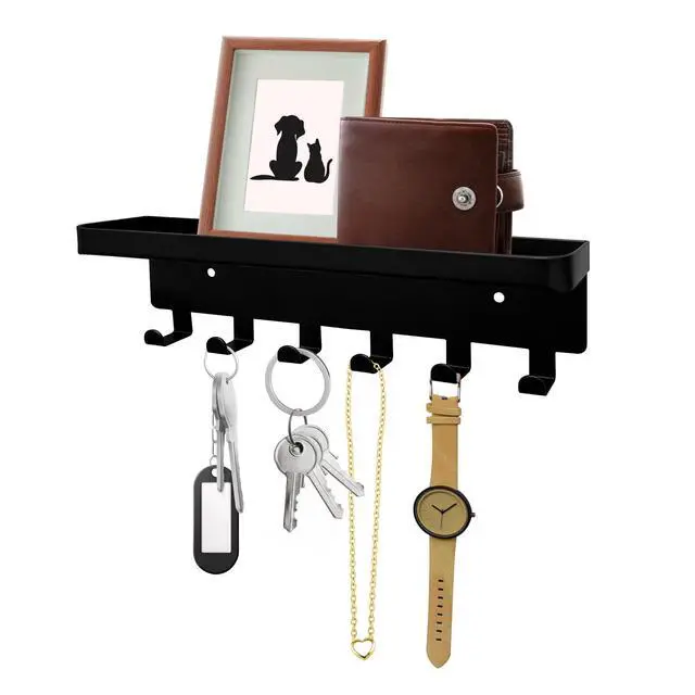 Alt view image 2 of 6 - Key Holder for Wall Key Hooks with Tray and 6 Hooks, Wall Mounted Key Holder for Hallway, Key Rack with Shelf for Mail Storage (Black)