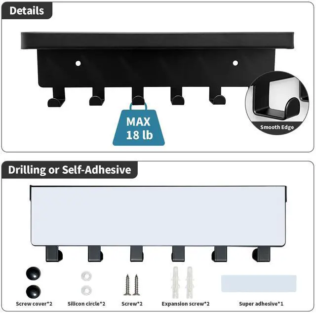Alt view image 3 of 6 - Key Holder for Wall Key Hooks with Tray and 6 Hooks, Wall Mounted Key Holder for Hallway, Key Rack with Shelf for Mail Storage (Black)