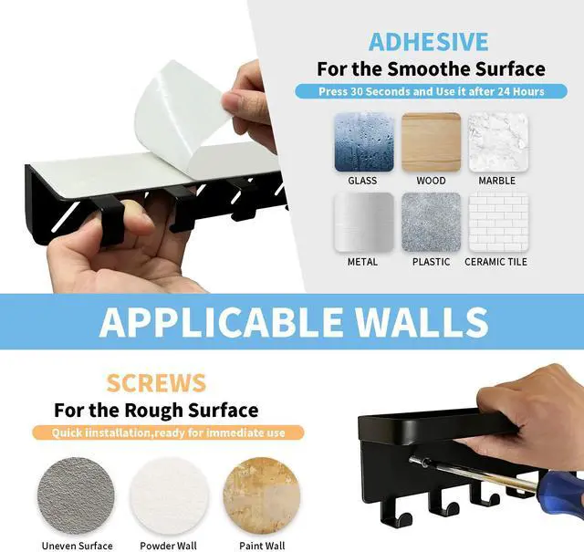 Alt view image 4 of 6 - Key Holder for Wall Key Hooks with Tray and 6 Hooks, Wall Mounted Key Holder for Hallway, Key Rack with Shelf for Mail Storage (Black)