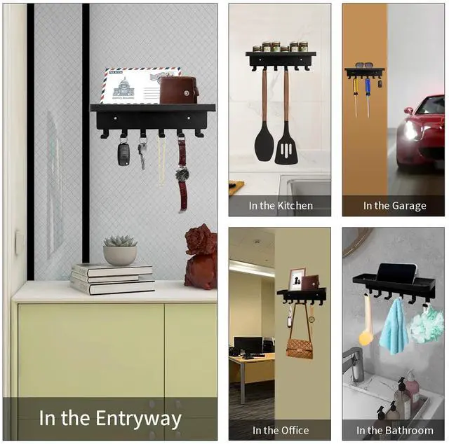 Alt view image 6 of 6 - Key Holder for Wall Key Hooks with Tray and 6 Hooks, Wall Mounted Key Holder for Hallway, Key Rack with Shelf for Mail Storage (Black)