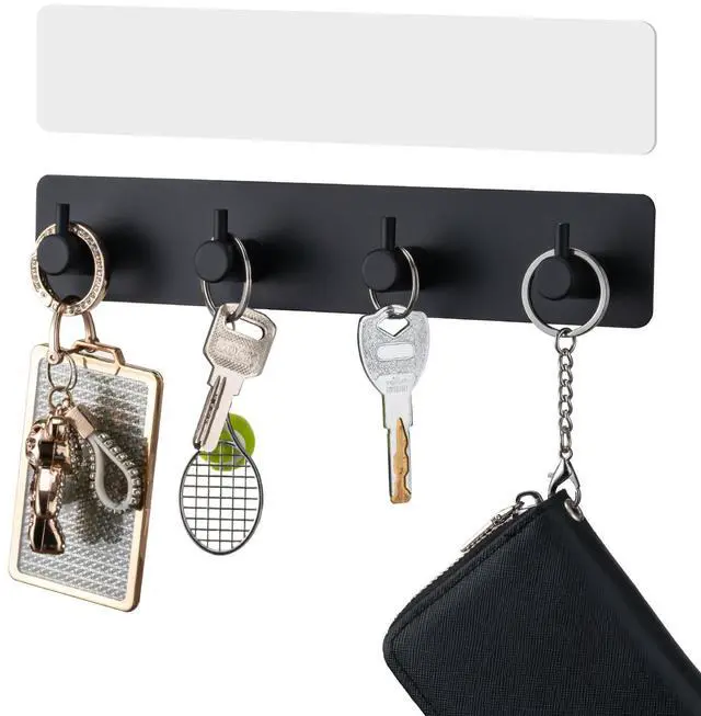 Main image of Key Holder with 4 Hooks,Key Hanger Organizer for Wall Mount with 2 Self-Adhesive Tapes,Metal Key Rack for Entryway, Door, Bathroom, Kitchen(Black)