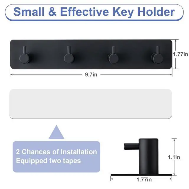 Alt view image 2 of 6 - Key Holder with 4 Hooks,Key Hanger Organizer for Wall Mount with 2 Self-Adhesive Tapes,Metal Key Rack for Entryway, Door, Bathroom, Kitchen(Black)