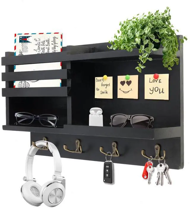 Main image of Key Holder Wall Mount, Solid Wood Key and Mail Organizer for Wall(Self Adhesive or Drill), 8 Hooks Key Rack for Entryway Hallway Bedroom Farmhouse Home Decor (Matte Black)