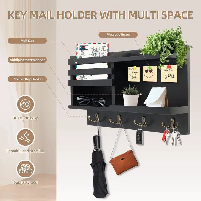 Alt view image 2 of 7 - Key Holder Wall Mount, Solid Wood Key and Mail Organizer for Wall(Self Adhesive or Drill), 8 Hooks Key Rack for Entryway Hallway Bedroom Farmhouse Home Decor (Matte Black)