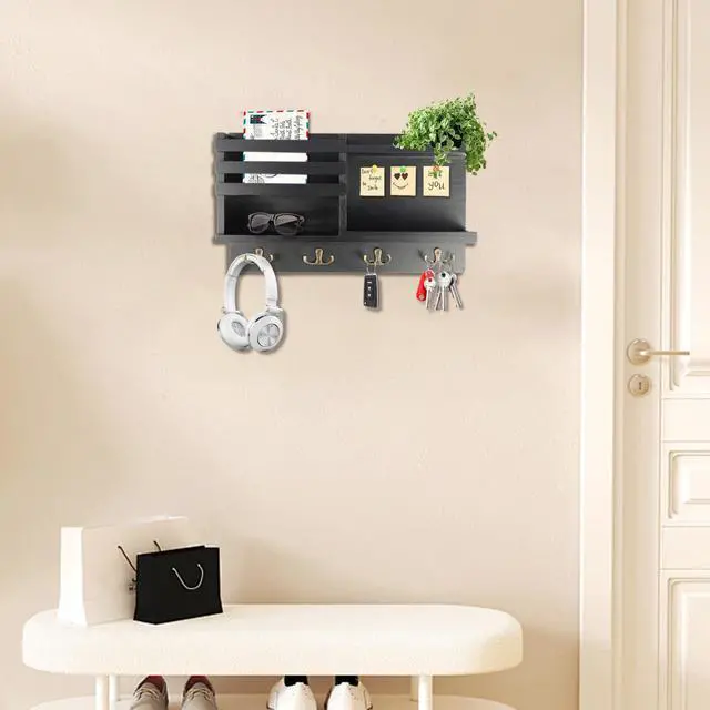 Alt view image 4 of 7 - Key Holder Wall Mount, Solid Wood Key and Mail Organizer for Wall(Self Adhesive or Drill), 8 Hooks Key Rack for Entryway Hallway Bedroom Farmhouse Home Decor (Matte Black)