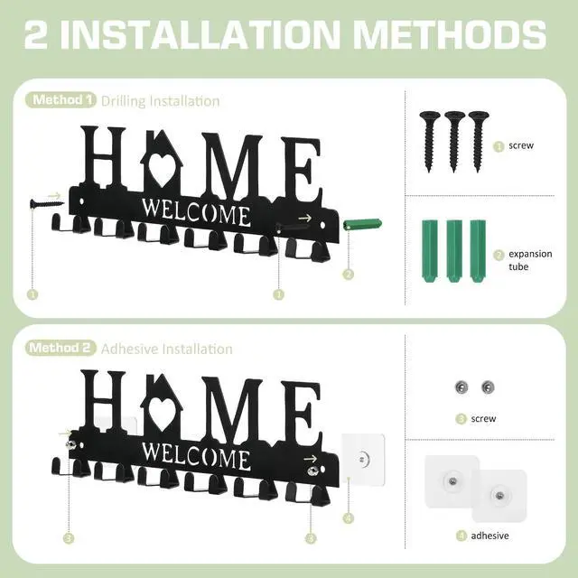 Alt view image 2 of 7 - Key Holder Wall Mount, Adhesive Metal Key Hanger with 6 Double Hooks, 2 Installation Methods, Black