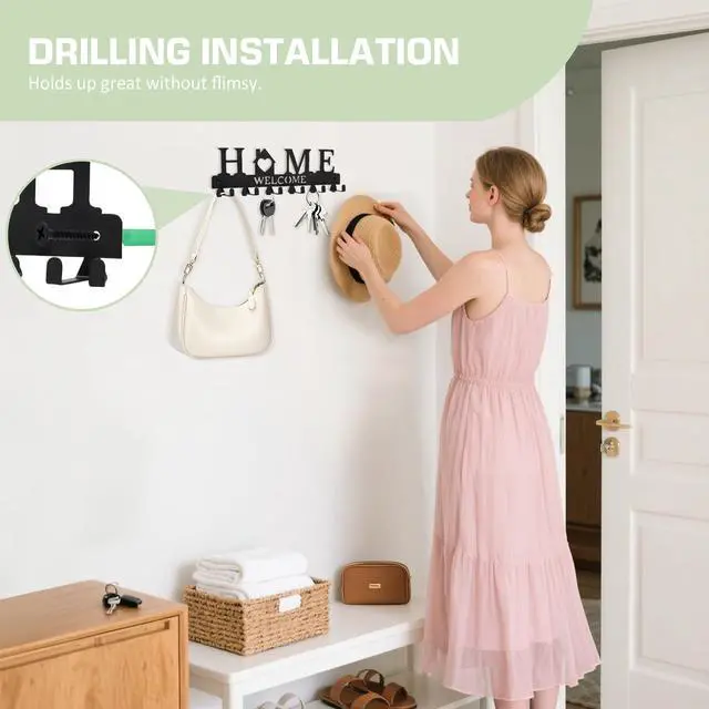 Alt view image 3 of 7 - Key Holder Wall Mount, Adhesive Metal Key Hanger with 6 Double Hooks, 2 Installation Methods, Black
