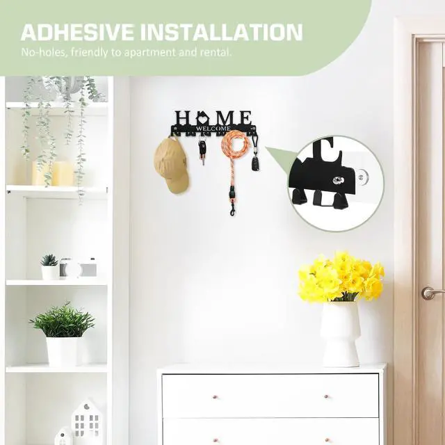 Alt view image 4 of 7 - Key Holder Wall Mount, Adhesive Metal Key Hanger with 6 Double Hooks, 2 Installation Methods, Black